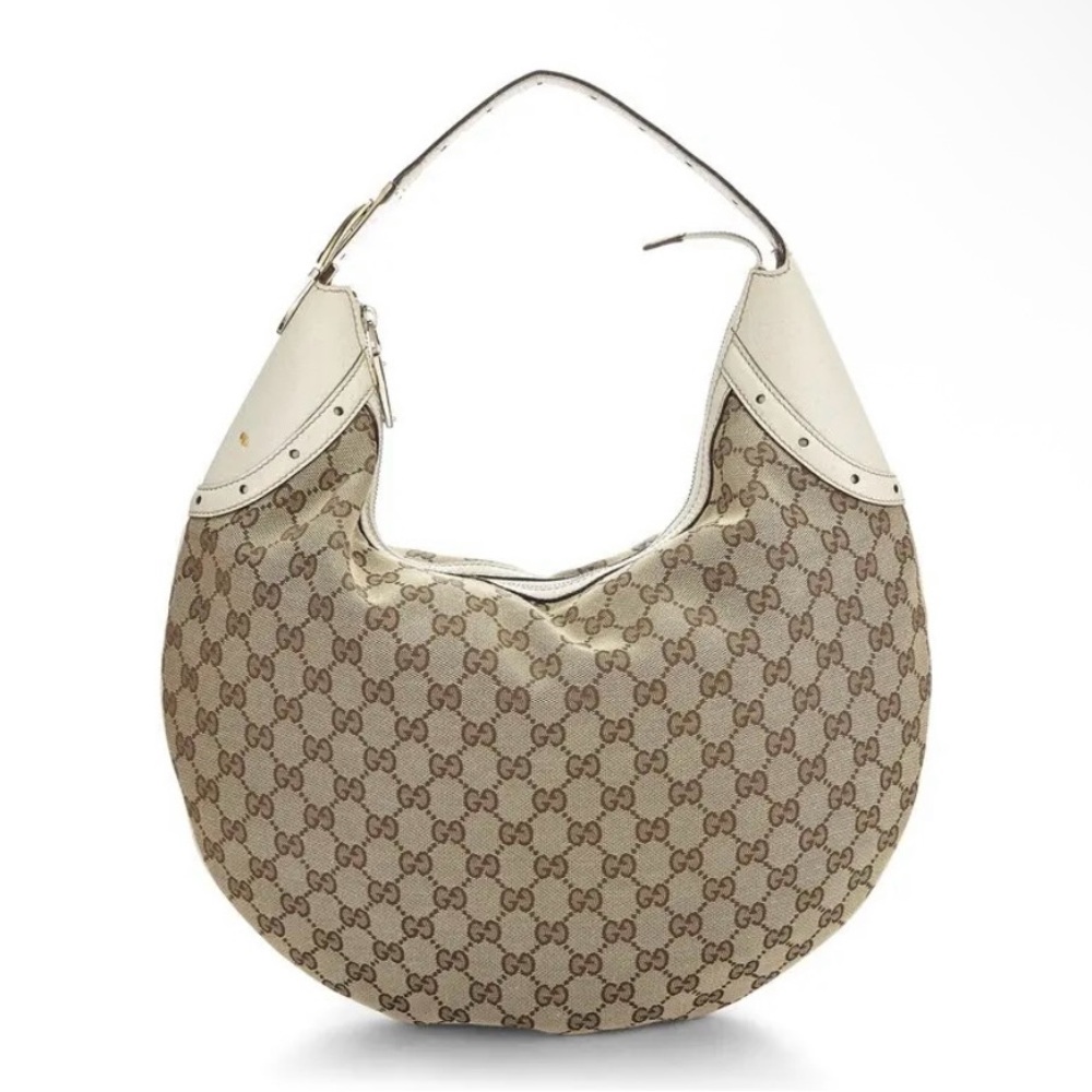 Gucci Beige Brown Monogram Hobo with White Trim
